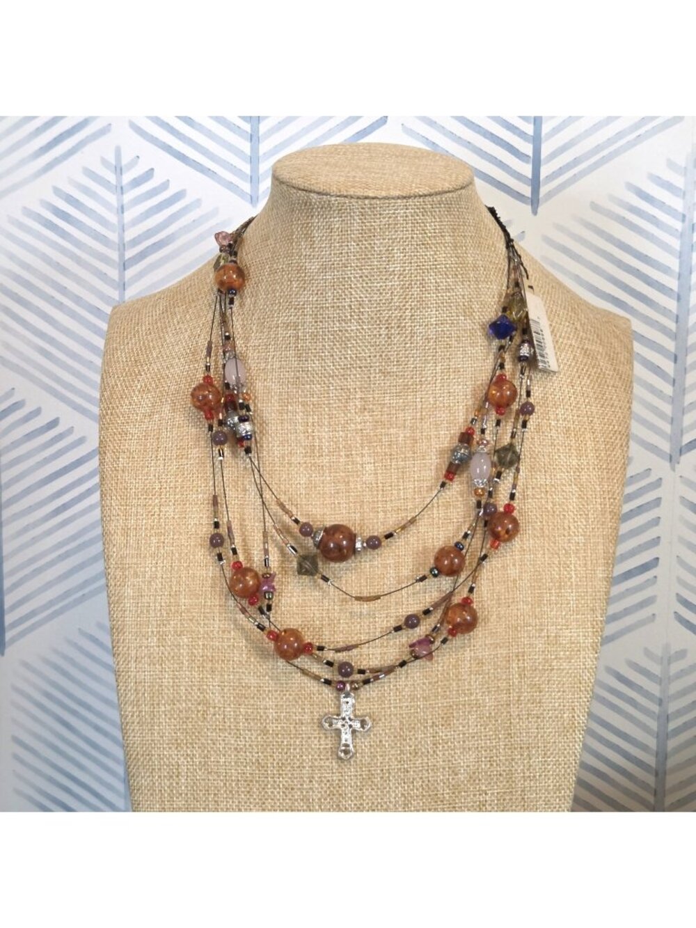 Calypso Studios Colorful Glass Beaded Multi-strand Necklace Cross Pendant New